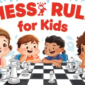 May include: Illustration of four children playing chess. The image features a chessboard with white and black pieces. The text "CHESS RULES for Kids" is displayed in red at the top. The children are smiling and appear to be enjoying the game.