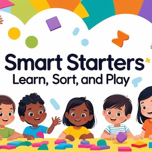 May include: A vibrant illustration showing children interacting with building blocks. The text "Smart Starters Learn, Sort, and Play" is displayed. The image has a bright, cheerful aesthetic, suggesting a learning environment.