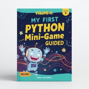 May include: A book titled "MY FIRST PYTHON Mini-Game GUIDED" with a cartoon robot illustration. The cover is dark blue with yellow and white text, and a teal border. The book is labeled "Volume 6" and is designed for ages 6 and up.