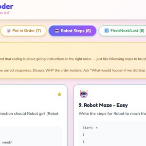 K&ouml;nnte beinhalten: Eine Webseite namens "Think Like a Coder" f&uuml;r Kinder im Alter von 4-6 Jahren, die sich mit algorithmischen Grundlagen befasst. Sie bietet Aktivit&auml;ten wie "Robot Steps" und "Creative", einen Elternratgeber und Programmier&uuml;bungen.