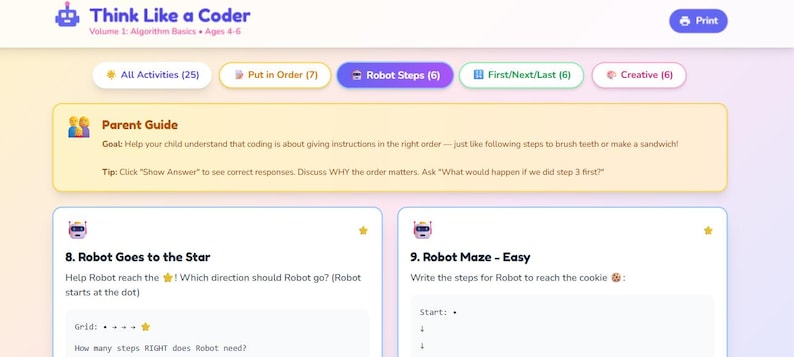 K&ouml;nnte beinhalten: Eine Webseite namens "Think Like a Coder" f&uuml;r Kinder im Alter von 4-6 Jahren, die sich mit algorithmischen Grundlagen befasst. Sie bietet Aktivit&auml;ten wie "Robot Steps" und "Creative", einen Elternratgeber und Programmier&uuml;bungen.
