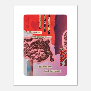 Impression d'art physique, coupe à la main, techniques mixtes, cartes à jouer, collage de poésie éclectique, décoration murale, papier mat, plusieurs formats, griffes maladroites