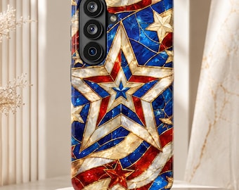 Patriotic Stained Glass Phone Case, Red White Blue Stars, 4th of July Case