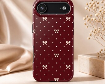 Burgundy Bow Phone Case, Coquette iPhone Case, Cute Polka Dot Samsung Case, Feminine Aesthetic Phone Cover, Gift for Her