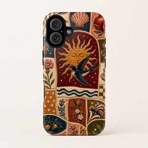 May include: A phone case featuring a patchwork design with a central golden sun and a flying swallow. The pattern includes various illustrations such as a seashell, a pomegranate, floral motifs, wavy lines, and polka dots in shades of red, blue, and gold.