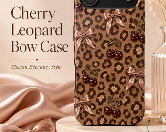Cherry Leopard Bow Phone Case, Coquette iPhone Case, Cute Samsung Case, Feminine Aesthetic Case, Gift for Her, Glossy Cover