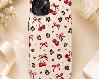 Cherry Bow Phone Case, Coquette Y2K iPhone Case, Leopard Print Girly Case, Cute Aesthetic Samsung Case, Gift for Her