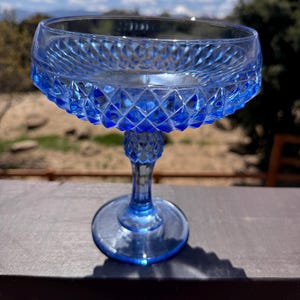 Vintage Blue Diamond Point Pedestal Compote Candy Dish Indiana Glass 7 25