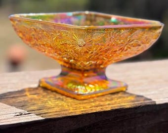 Vintage Iridescent Marigold Indiana Carnival Glass Depression Pineapple Diamond and Floral Amber