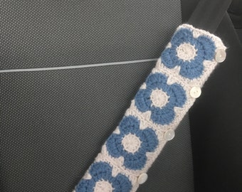 CAR SEATBELT  sleeve / cover ( padded ) . A super-soft wool/ alpaca blend. Floral. Bloom (denim blue )   ...UK seller....  ready to ship