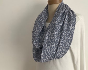 100% FINE COTTON  lawn infinity scarf . ' Misty Meadow.. Floral . Blue-grey . All-seasons . Lightweight .UK seller .... Ready to ship...