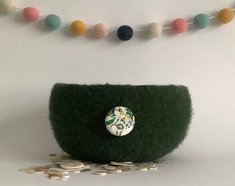 FELTED 'Fusspot' bowl  / desk tidy . 'Ivy' . Dark green  ( with Liberty fabric button )  ....UK seller.. ready to ship......