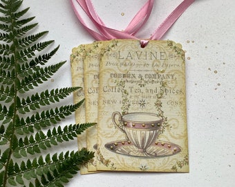 GIFT TAGS , ( pack of 3 ).  ' Elegance' . Teacup . Vintage-style .  Hang tags . Wedding / birthday etc ..UK seller...ready to ship..