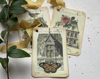 GIFT TAGS , ( pack of 3 diff designs ) . Vintage-style .' French Architecture'. Rose. Bird, Hang tags .Wedding.. UK seller...ready to ship..