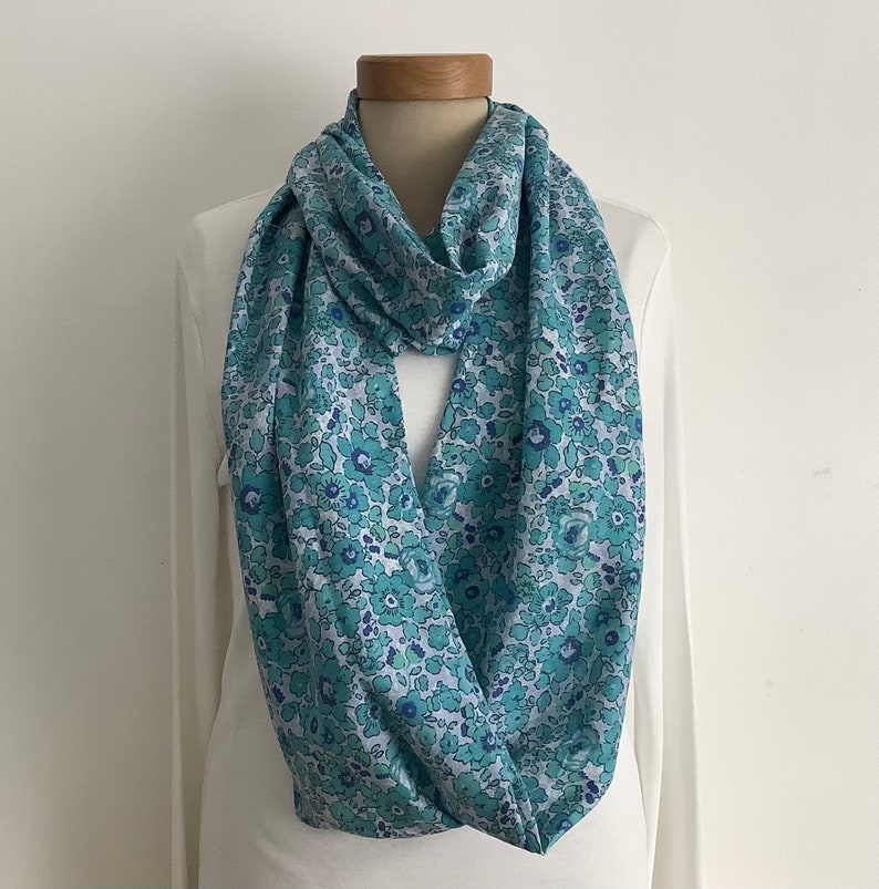 100% FINE COTTON lawn infinity scarf . Blue. turquoise . 'Flora' . All-seasons . Lightweight .UK seller .... Ready to ship... image 2