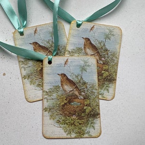GIFT TAGS , pack of 3 . ' Song Thrush ' . Vintage-style . Bird. Nest . Spring . Hang tags .Wedding .UK seller..ready to ship.. image 5