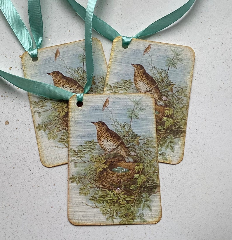 GIFT TAGS , pack of 3 . ' Song Thrush ' . Vintage-style . Bird. Nest . Spring . Hang tags .Wedding .UK seller..ready to ship.. image 5