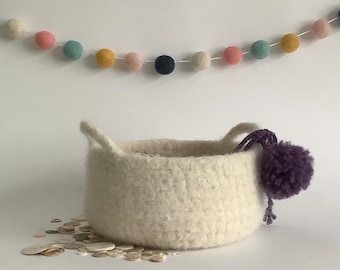 FELTED 'FUSSPOT' bowl /desk tidy / tray . White , purple ( with handles and pompoms  ) ...UK seller..ready to ship......