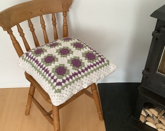CUSHION. Alpaca/ wool.' Provence' . Crochet. Floral motif. Purple/ green. UK seller   .... ready to ship ....