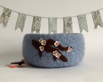 FELTED 'FUSSPOT' bowl / desk tidy / tray . ' Plum Blossom' Blue with pink flowers. Spring. Home decor. ....UK seller..ready to ship......