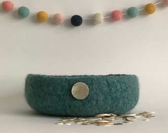 FUSSPOT  felted bowl / desk tidy/ tray . ' Still Waters' ( with vintage MOP button )  ) sea green  .Hygge......UK seller..ready to ship...