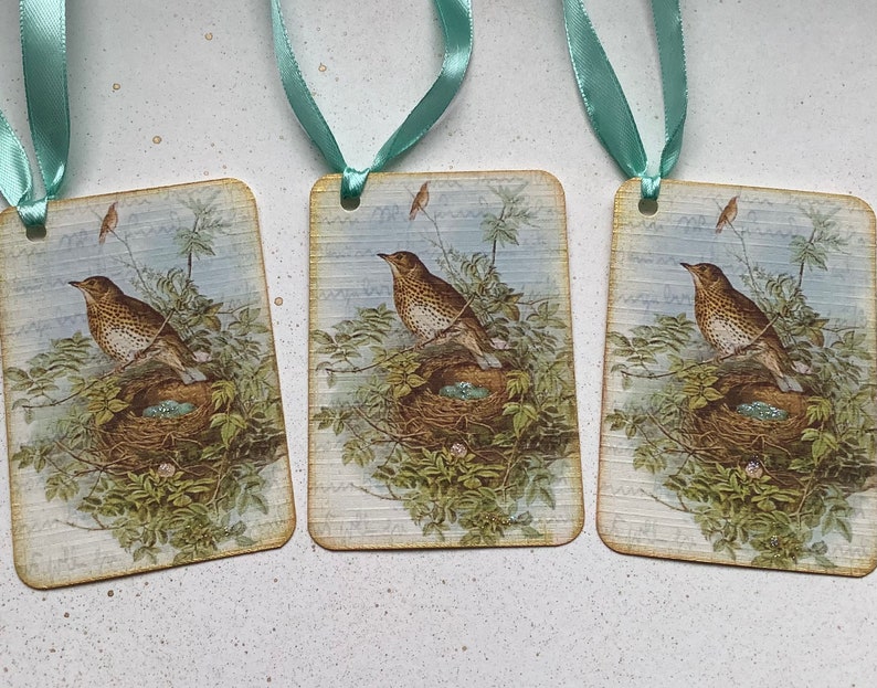 GIFT TAGS , pack of 3 . ' Song Thrush ' . Vintage-style . Bird. Nest . Spring . Hang tags .Wedding .UK seller..ready to ship.. image 3
