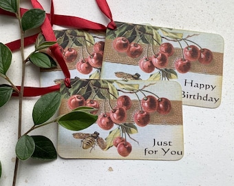 GIFT TAGS , ( pack of 3 ).  ' Summertime '  . Vintage-style . Bees. Cherries.  Hang tags .Wedding .UK seller...ready to ship..