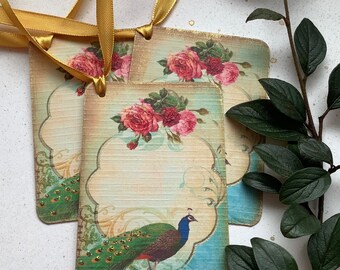 GIFT TAGS , ( pack of 3 ).  'Peacock and Roses '  . Vintage-style . Spring . Summer. Hang tags .Wedding .UK seller...ready to ship..