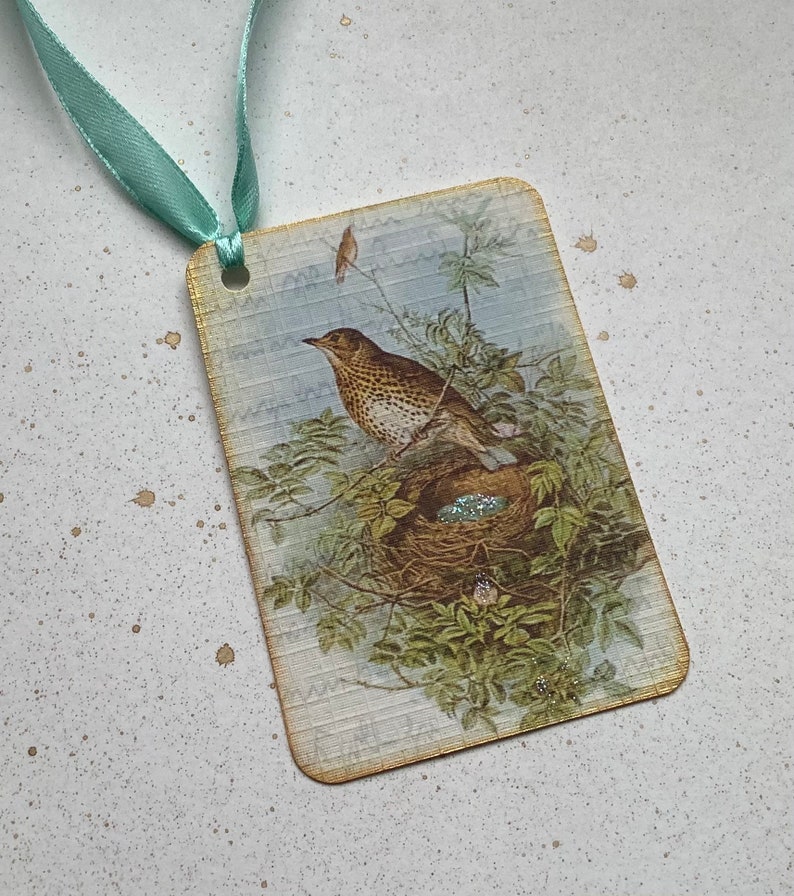 GIFT TAGS , pack of 3 . ' Song Thrush ' . Vintage-style . Bird. Nest . Spring . Hang tags .Wedding .UK seller..ready to ship.. image 2