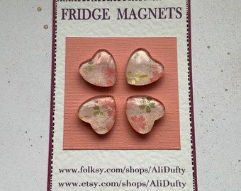 FRIDGE / NOTICEBOARD Magnets  ( set of 4 ) . Glass .  Hearts . Pink . Floral.   Yuzen / chiyogami . UK seller... ready to ship....