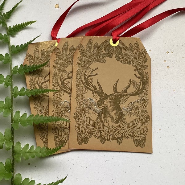 GIFT TAGS  ( pack of 3 ).  ' Highland Stag' . Autumn . Fall. Winter . Christmas . Nature.  Traditional. UK seller...ready to ship..