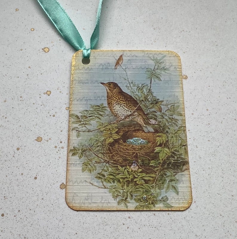 GIFT TAGS , pack of 3 . ' Song Thrush ' . Vintage-style . Bird. Nest . Spring . Hang tags .Wedding .UK seller..ready to ship.. image 4