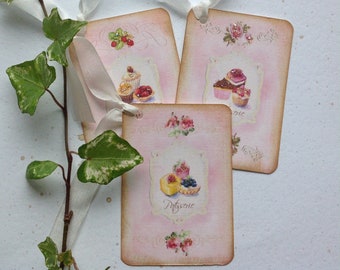GIFT TAGS , ( pack of 3 ). Vintage-style .  Hang tags .Wedding . French style . Patisserie.  Cake . UK seller...ready to ship..