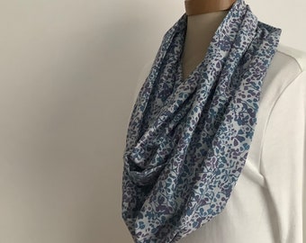 100% FINE COTTON  lawn infinity scarf . 'Petals'. Floral  Blue/purple .All-seasons . Lightweight .UK seller .... Ready to ship...