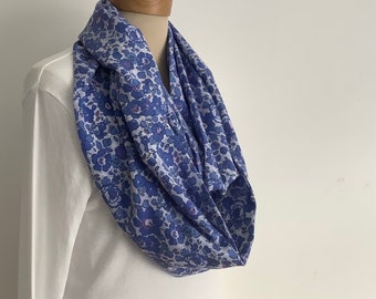 100% FINE COTTON  lawn infinity scarf .'Flora' . All-seasons . Denim. Blue. Lightweight .UK seller .... Ready to ship...