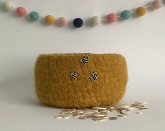 FELTED 'Fusspot' bowl  / desk tidy . ' Busy Bees'  ( with enamel bee embellishments ) mustard/ old gold ...UK seller..ready to ship......