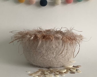 FELTED 'Fusspot' bowl  / desk tidy . 'Cafe Creme' . Beige ( with silky fringe ) ...UK seller..ready to ship......