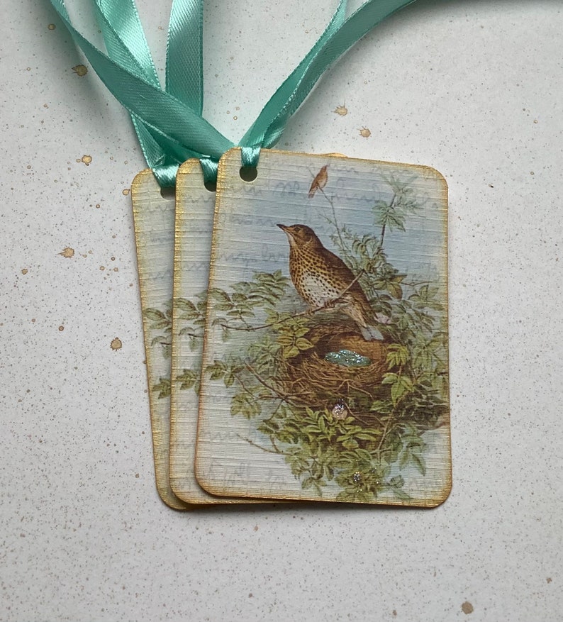 GIFT TAGS , pack of 3 . ' Song Thrush ' . Vintage-style . Bird. Nest . Spring . Hang tags .Wedding .UK seller..ready to ship.. image 6