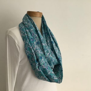 100% FINE COTTON lawn infinity scarf . Blue. turquoise . 'Flora' . All-seasons . Lightweight .UK seller .... Ready to ship... image 1