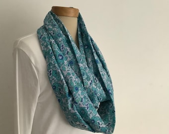 100% FINE COTTON  lawn infinity scarf . Blue. turquoise . 'Flora' . All-seasons . Lightweight .UK seller .... Ready to ship...