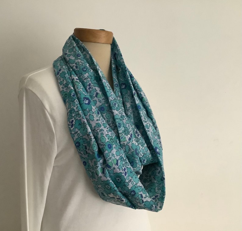 100% FINE COTTON lawn infinity scarf . Blue. turquoise . 'Flora' . All-seasons . Lightweight .UK seller .... Ready to ship... image 1