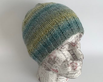 BEANIE HAT .' The Crofter' . Unisex .  Wool  blend. Knitted. Blue/ green ...UK seller ... ready to ship.....
