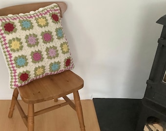 CUSHION ( includes insert ) 100% Wool .' Cottage Garden' . Crochet. Floral motif. Multicoloured. UK seller   .... ready to ship ....