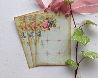 GIFT TAGS , ( pack of 3 ).  ' Flora '  . Vintage-style . Flowers. Rose. Hang tags .Wedding .UK seller...ready to ship..
