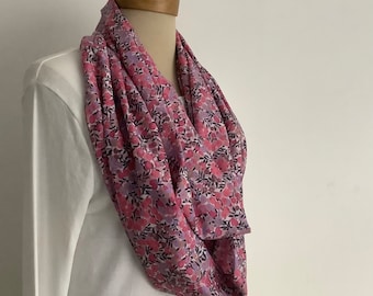 100% FINE COTTON  lawn infinity scarf . 'Berries' . Pink / purple . Floral .  All-seasons . Lightweight .UK seller .... Ready to ship...