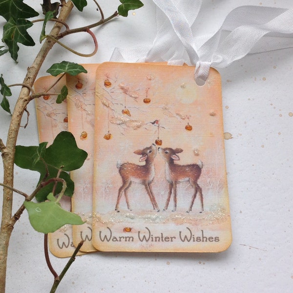 GIFT TAGS ( pack of 3 ).  Christmas  .Vintage-style.  ' Forest Friends ' . Deer . Wildlife . Woodland. Nature ....UK seller... ready to ship