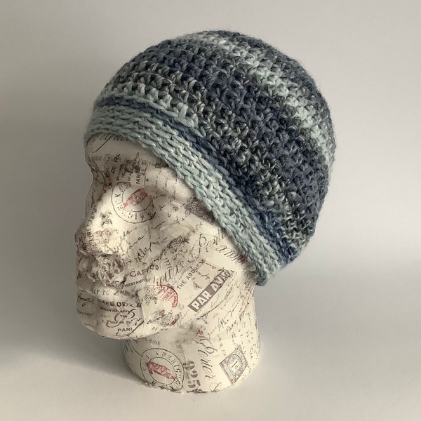 REGULAR BEANIE / hat . The 'Hiker' Unisex .  Wool blend. Blues.  Crochet . UK seller ... ready to ship.....