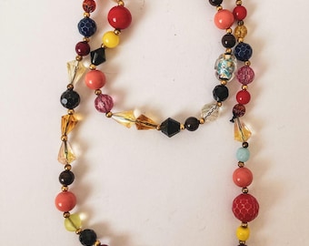 Vintage Multicolor Beaded Necklace – Eclectic Mixed Bead Statement Necklace with Gold Tone Spacers