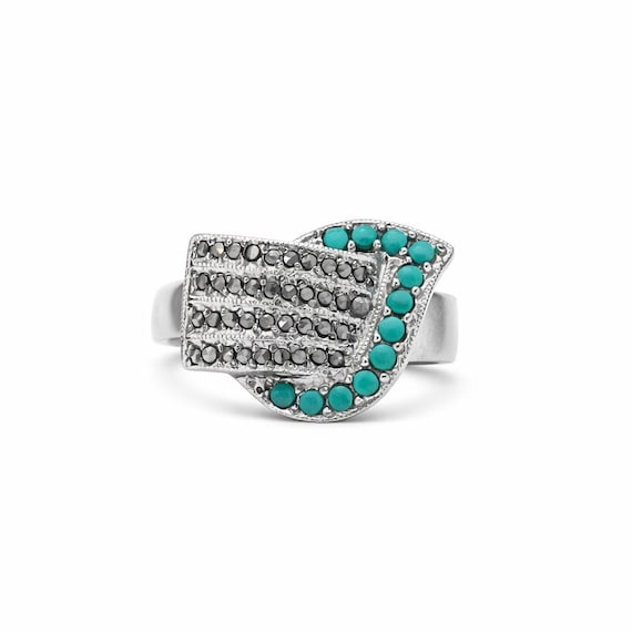 Sterling Silver Marcasite Turquoise Geometric Shield Ring, Art Deco Style