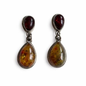 Vintage Sterling Silver Amber Teardrop Earrings, Two-Stone Dangle Jewelry